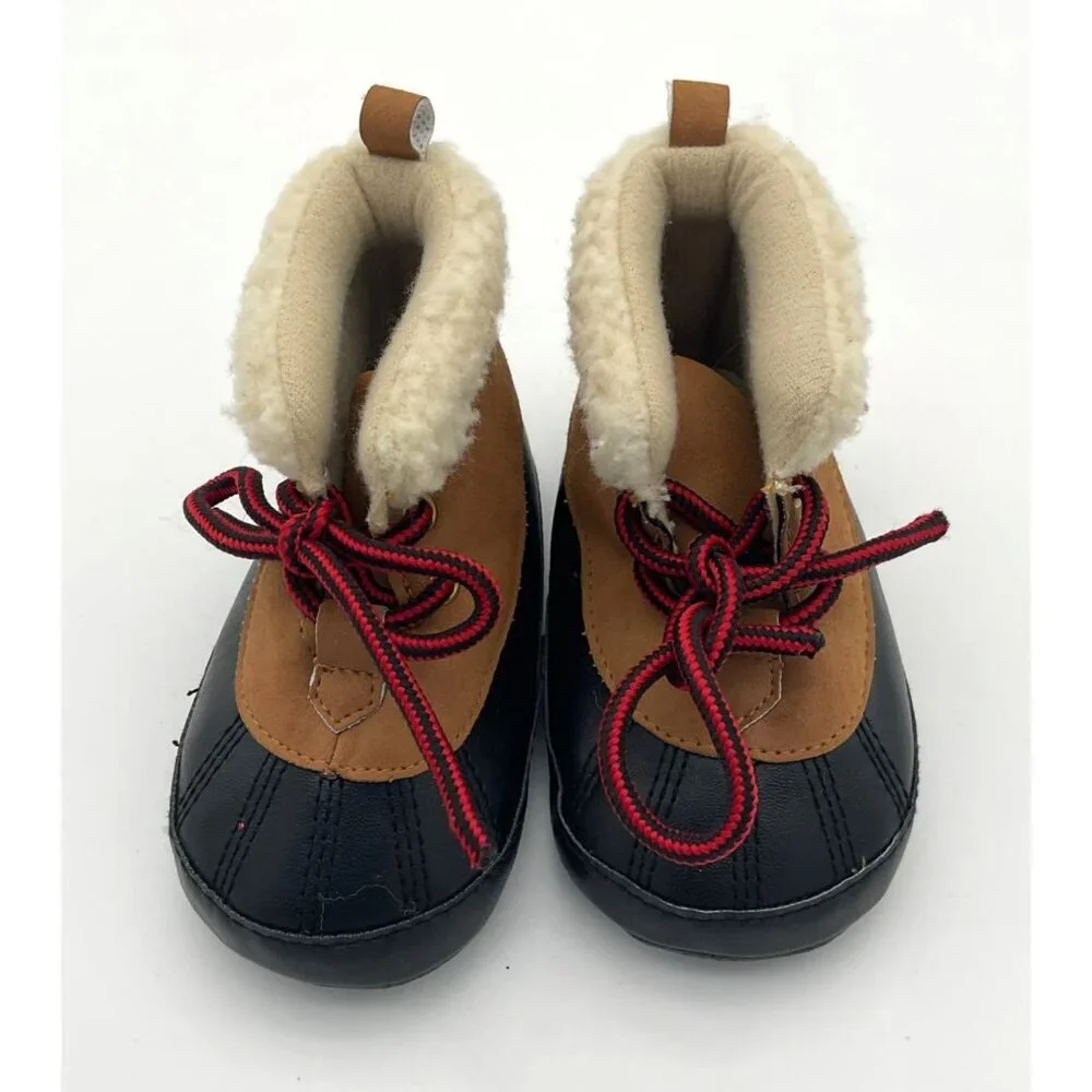 Carters Baby Boy Duck Boots Fleece-Lined Soft Crib Shoes Brown & Black 9-12 Mos - Picture 1 of 6